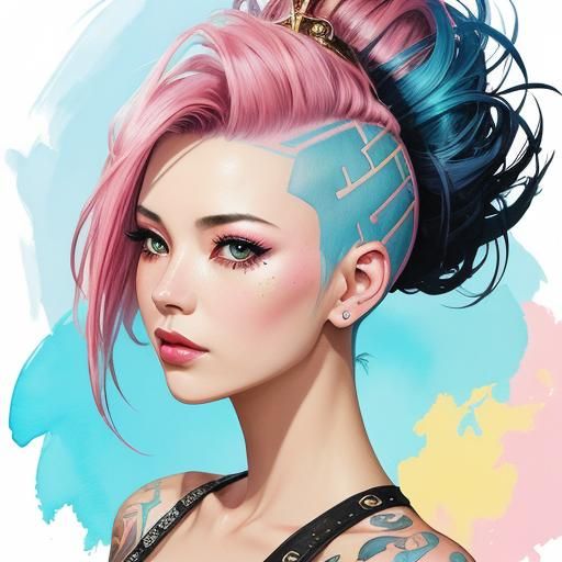Whimsical Punk Girl with Pink and Blue Mohawk