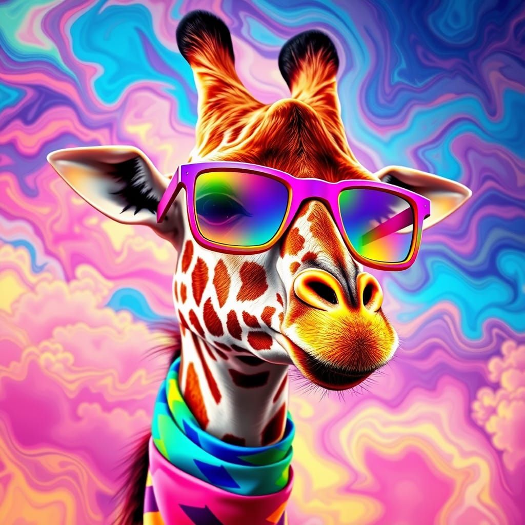 Psychedelic Giraffe with Rainbow Glasses in Cosmic Scene