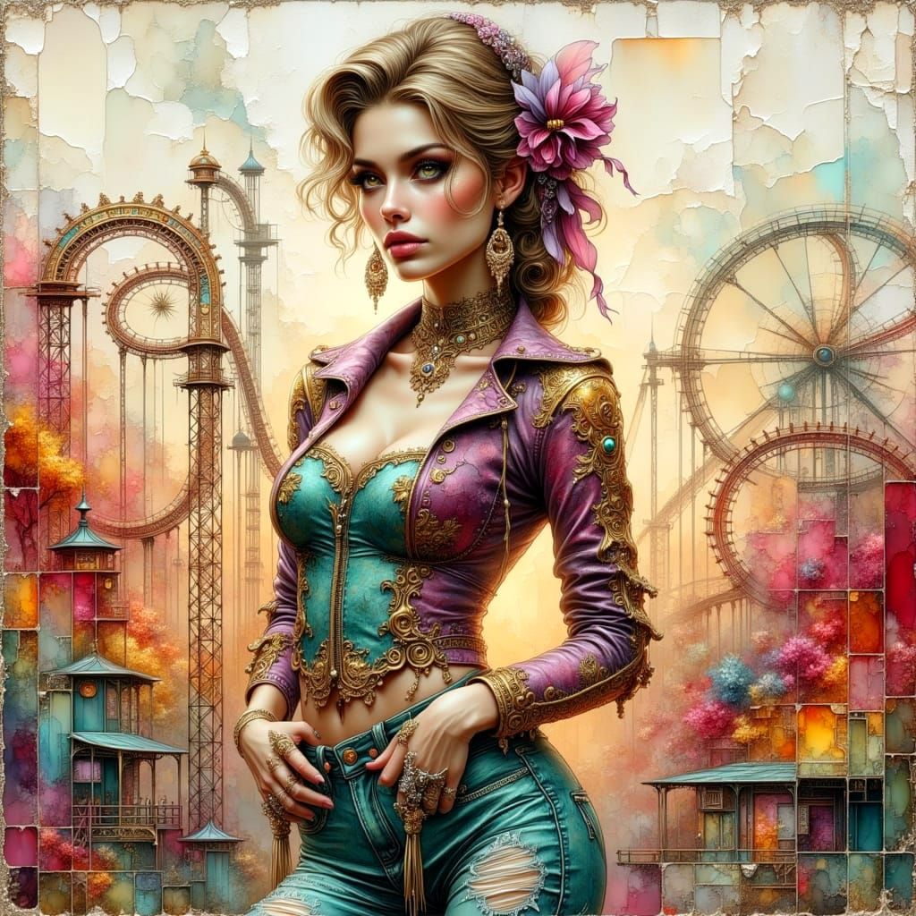 Impasto Oil Painting of Woman on Rollercoaster