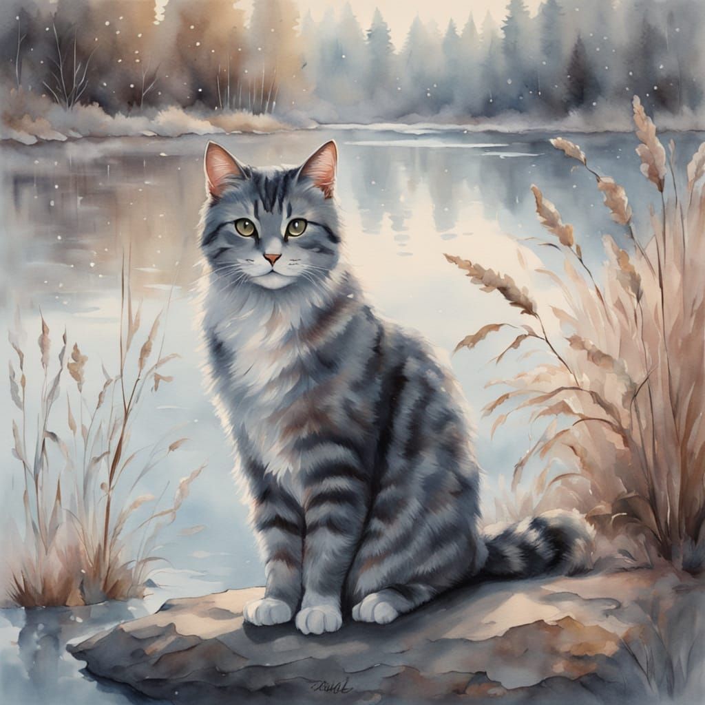 Whimsical Watercolor of Cat Contemplating Frosty Lake