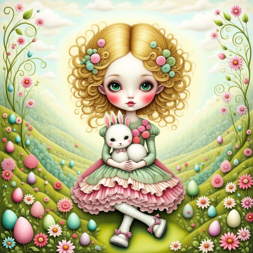 Chibi Easter Girl Surrounded by Blooming Wildflowers and Eas...