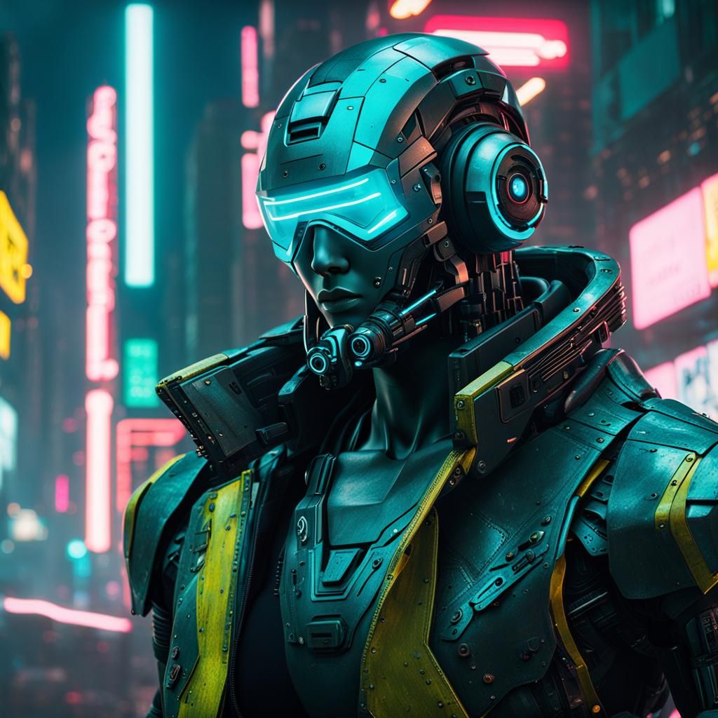 Cyberpunk Cyborgs in Neon Cityscape