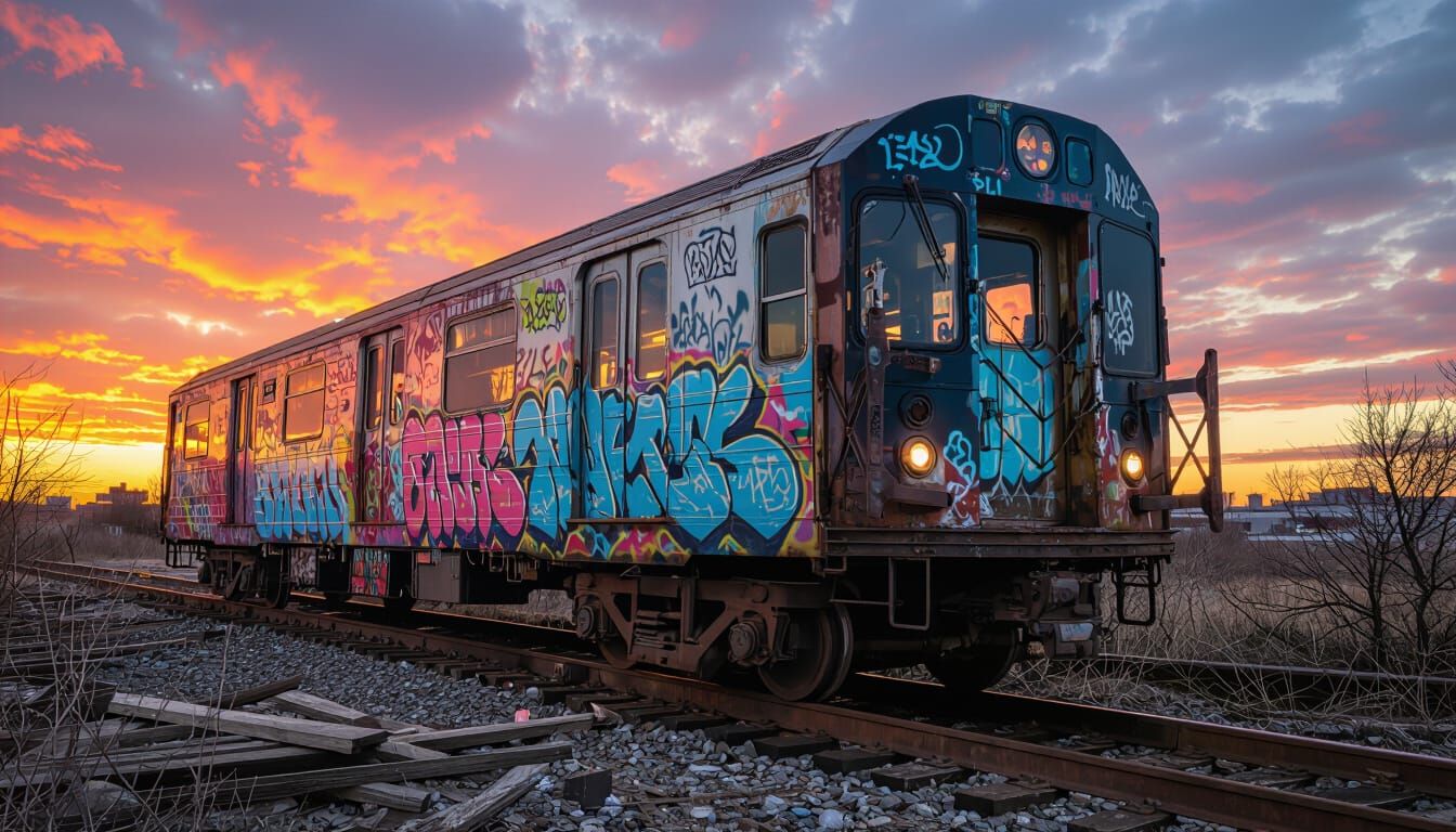 Graffiti Subway Car at Dramatic Sunset