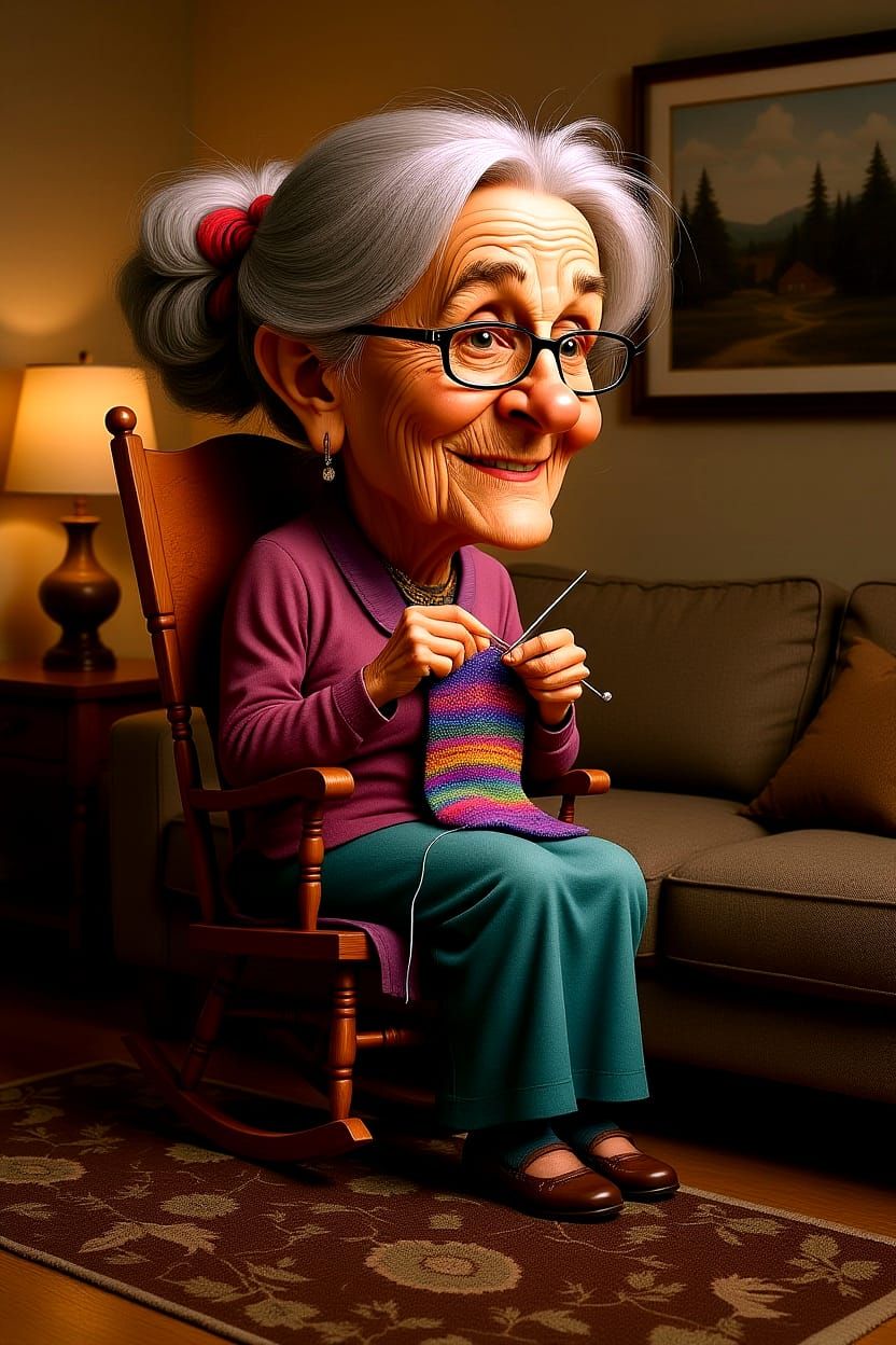 Exaggerated Watercolour Caricature of Knitting Old Woman