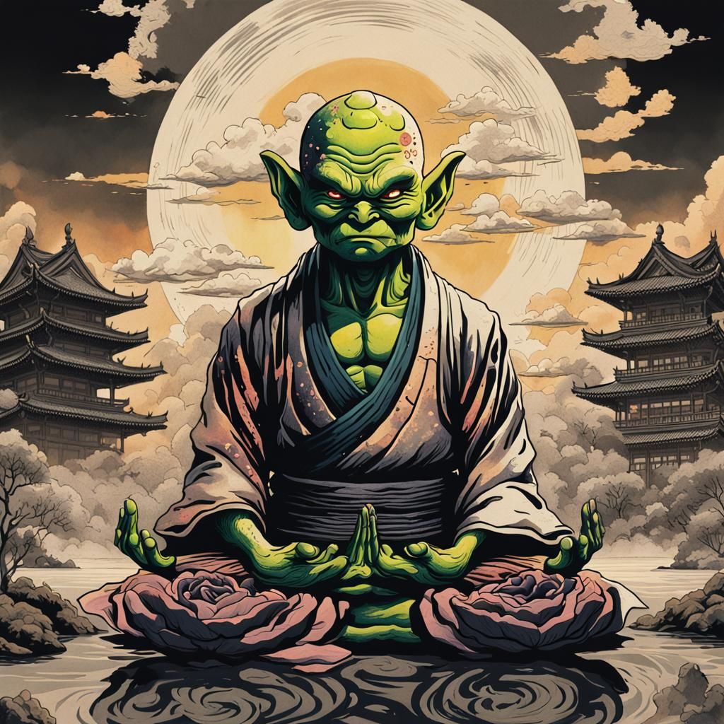 Piccolo Meditating: Japanese Ink Art in Hyperrealism