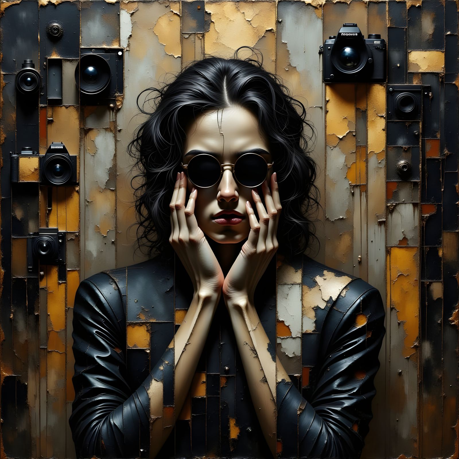 Man Shields Face in Surreal Photo Studio