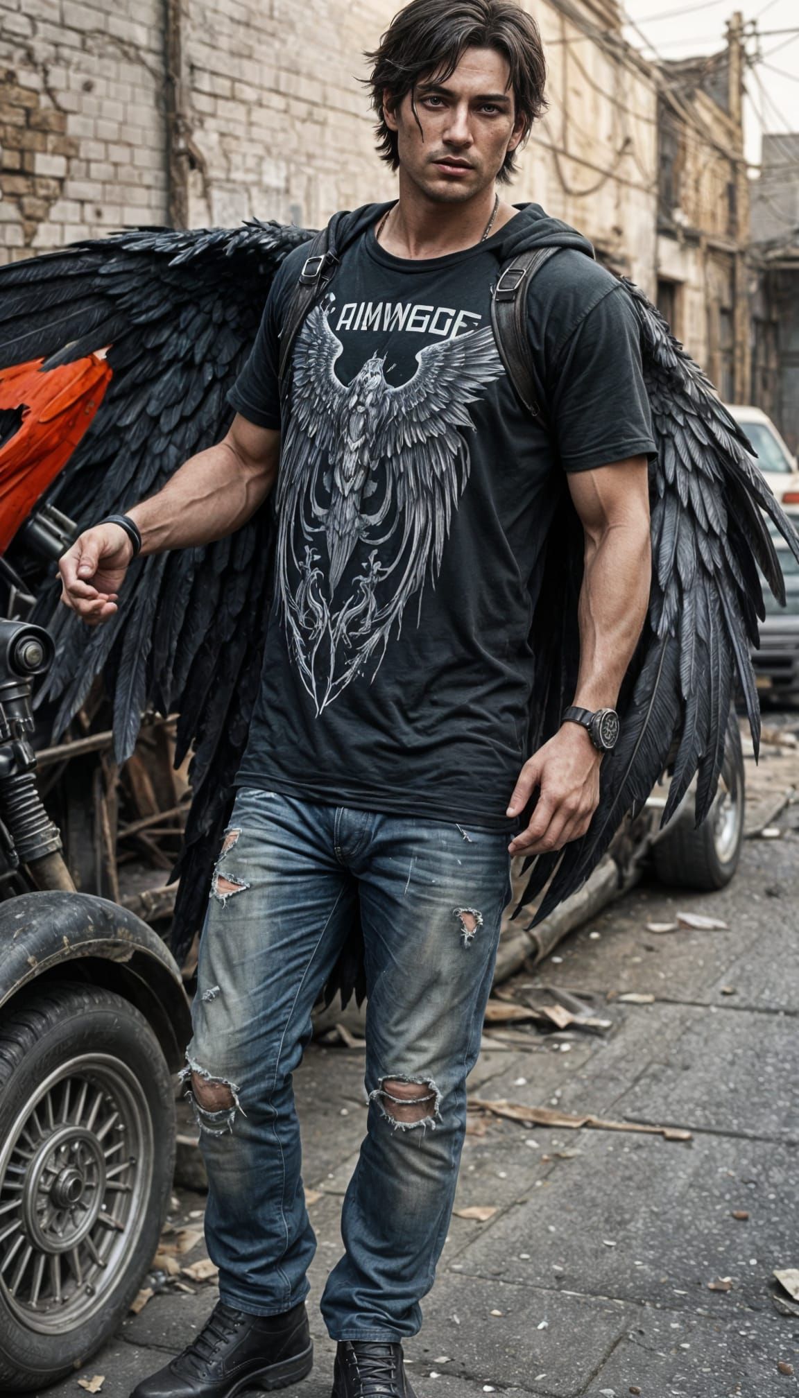 Man with Enormous Wings in Abandoned Street