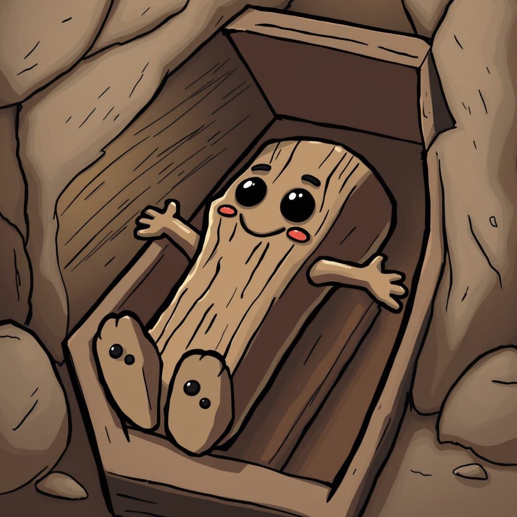 Cartoon Log Character in Coffin