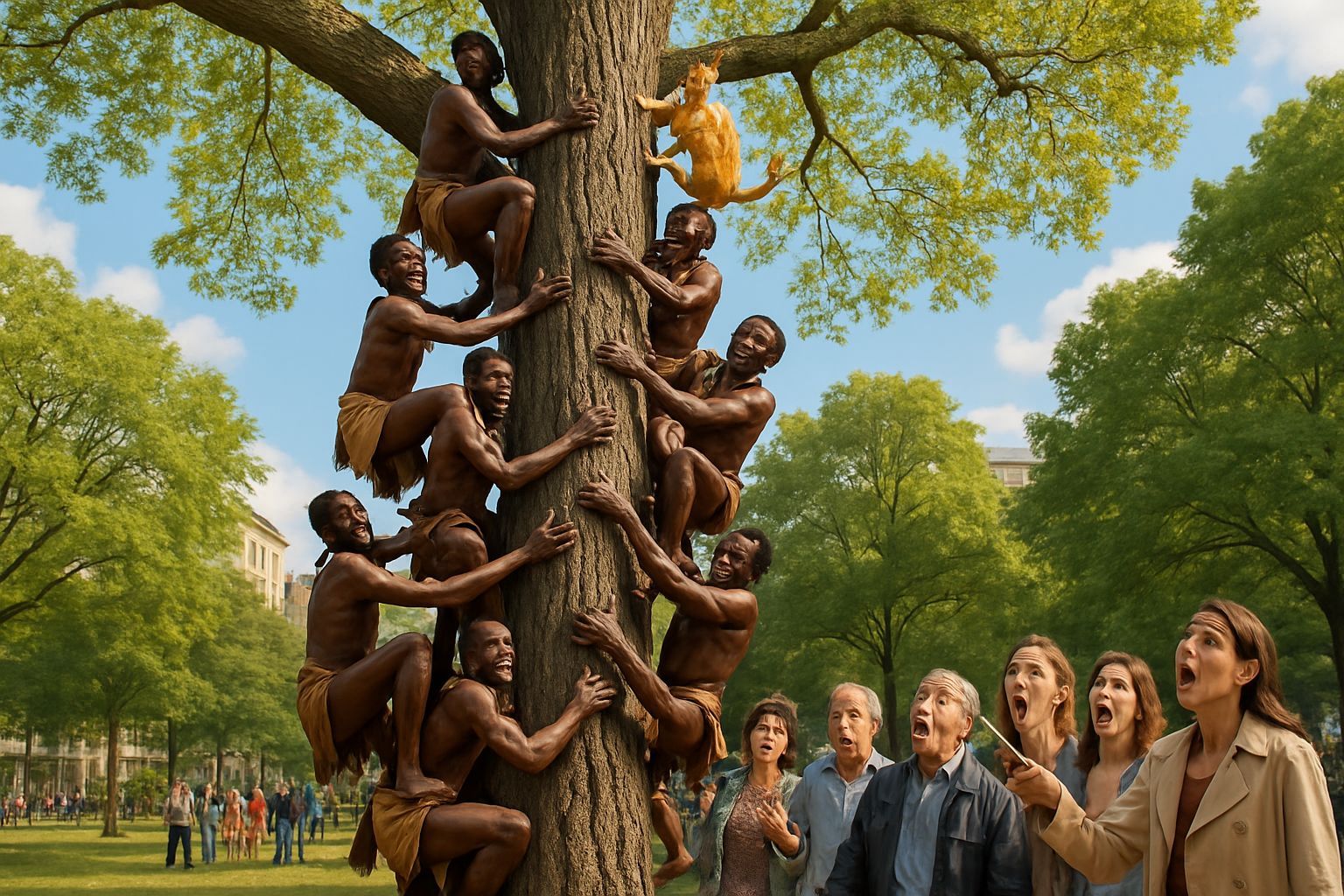 African Tribesmen Rescue Cat From Tall Tree in City Park