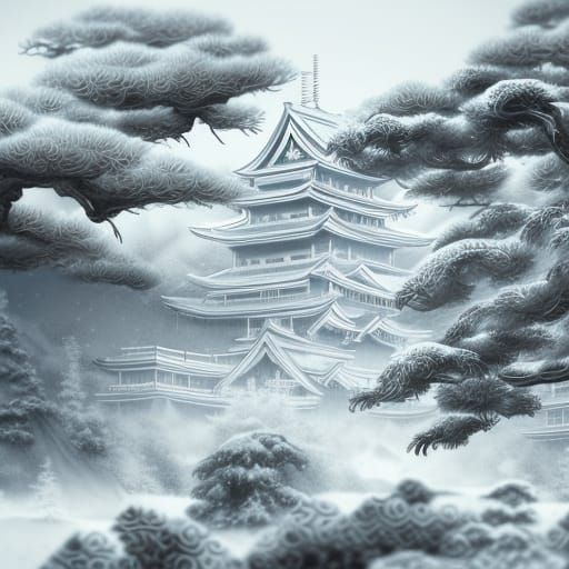 Classic Japanese Winter Landscape in Sumi-e Style