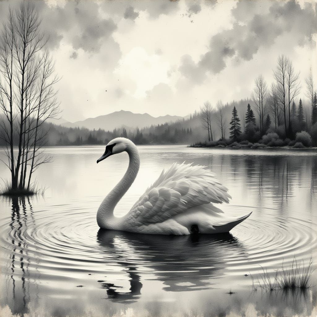 Metal Swan on Lake in Art Nouveau Style
