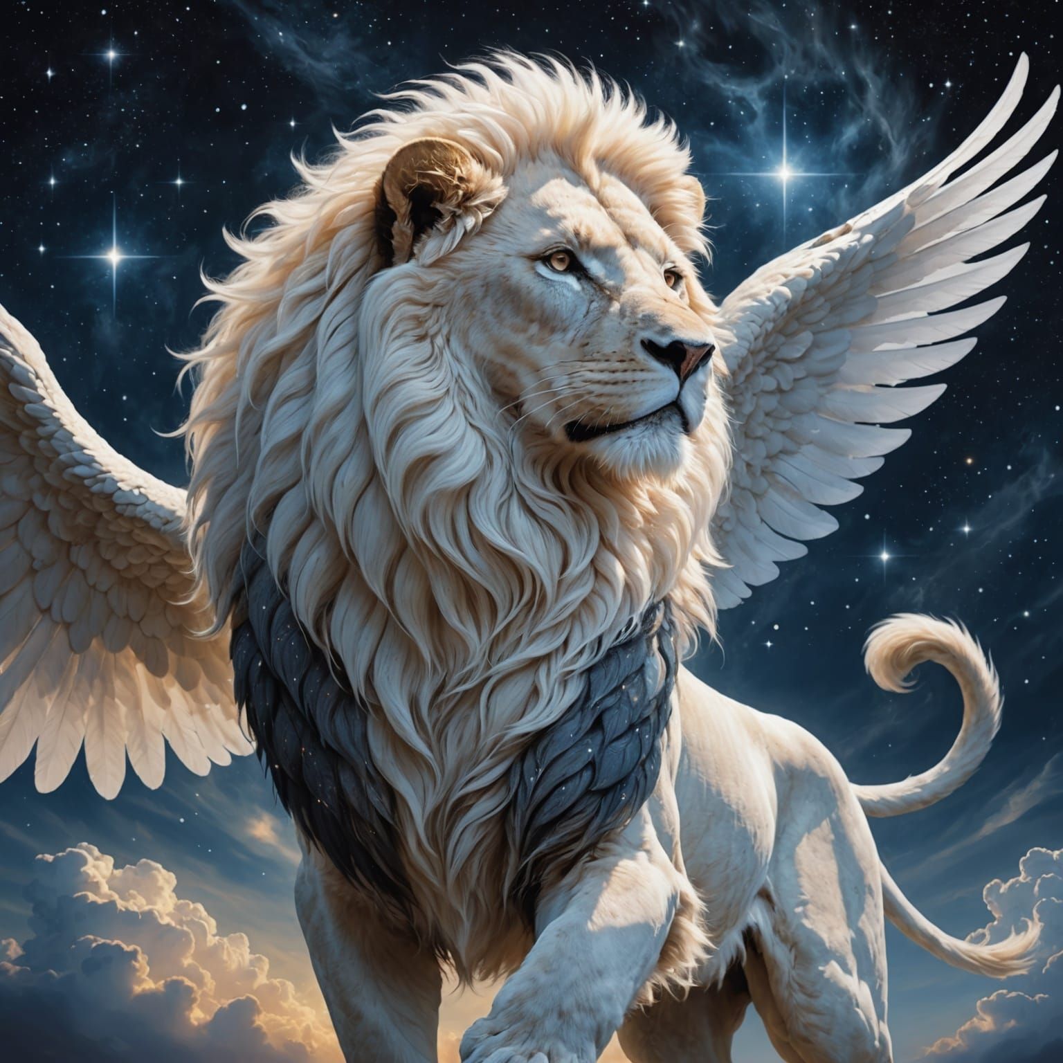 Winged White Lion Soaring in Starry Night Sky