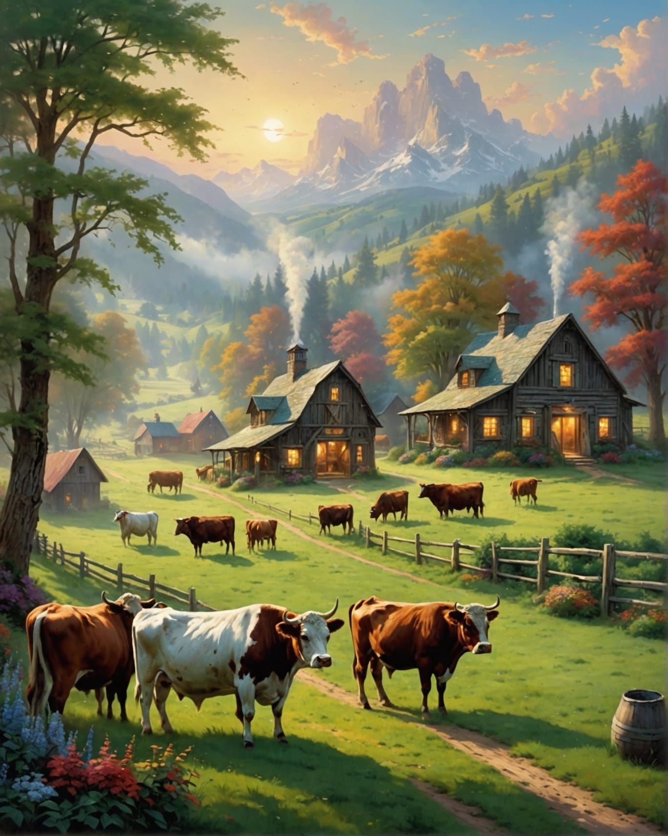 Cattle Grazing on Farm in Ethereal Light