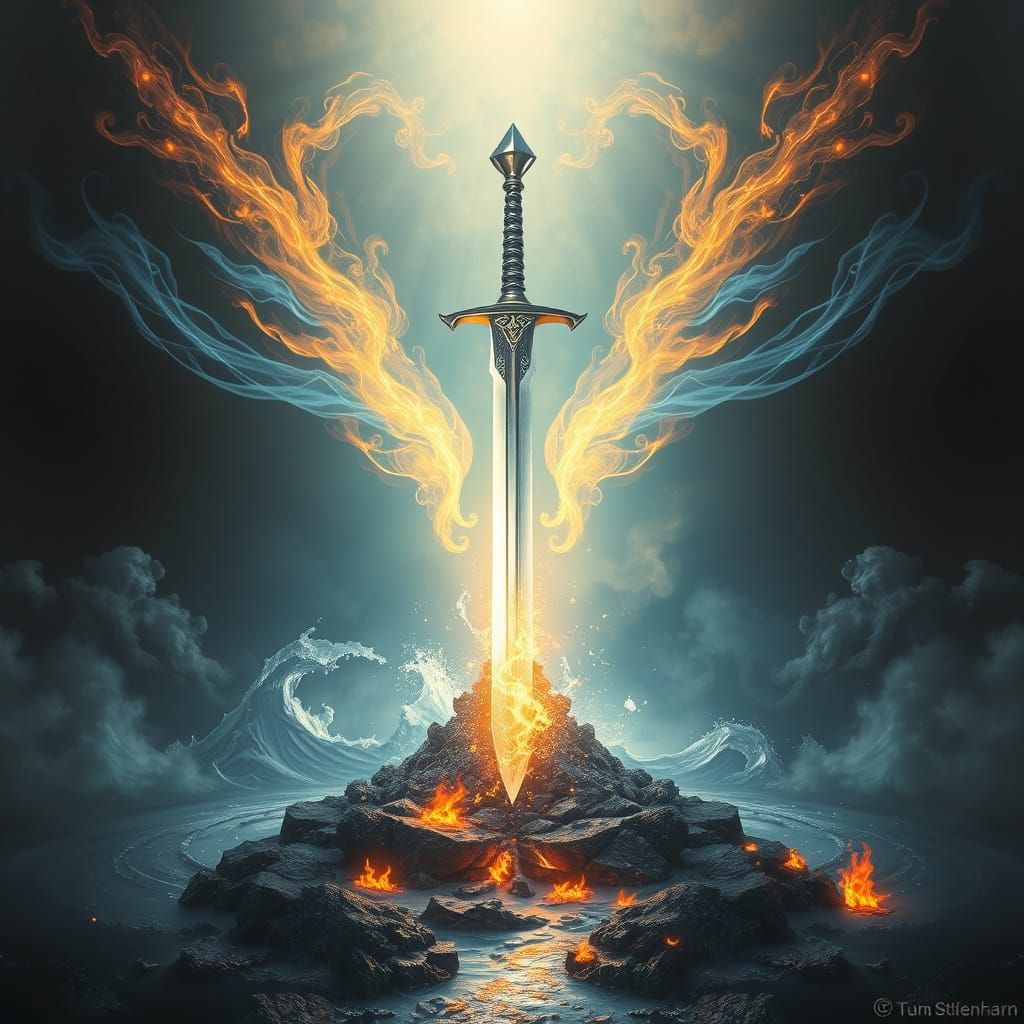 Surrealist Excalibur Rises from Elemental Convergence