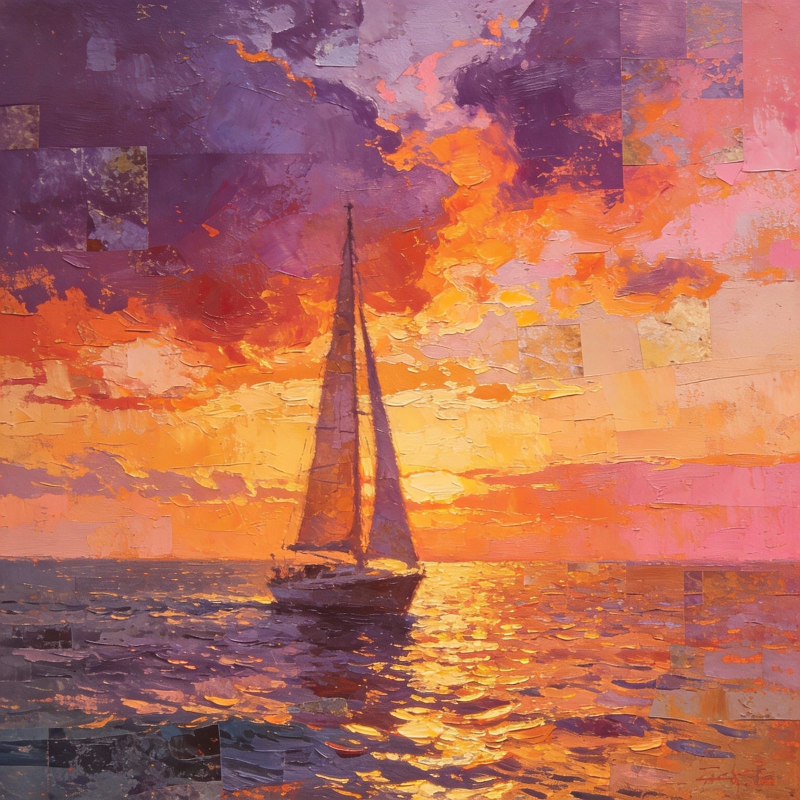 Sailing Boat Sunset Mixed Media Art