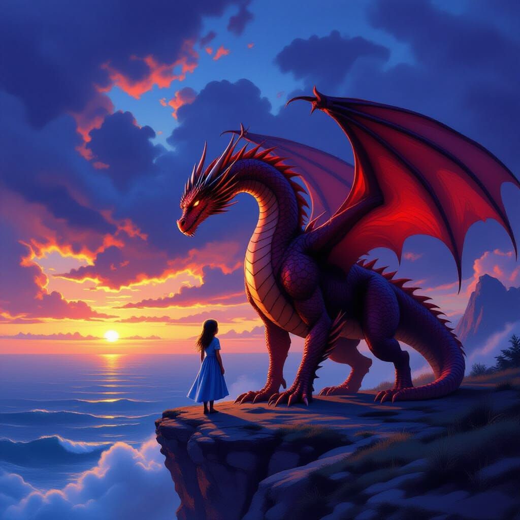 Majestic Red Dragon Guards Girl on Stormy Cliff