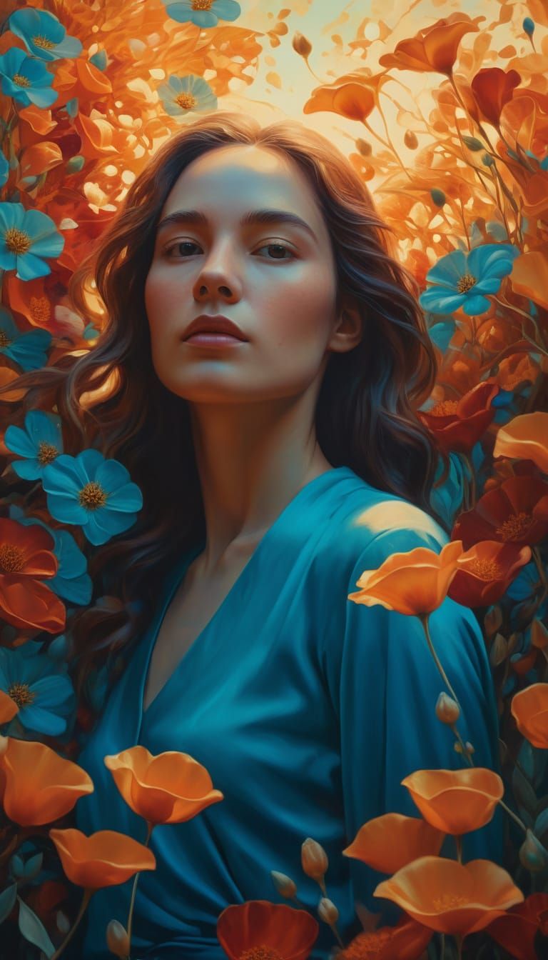 Vibrant Oil Painting of Woman Amidst Flowers