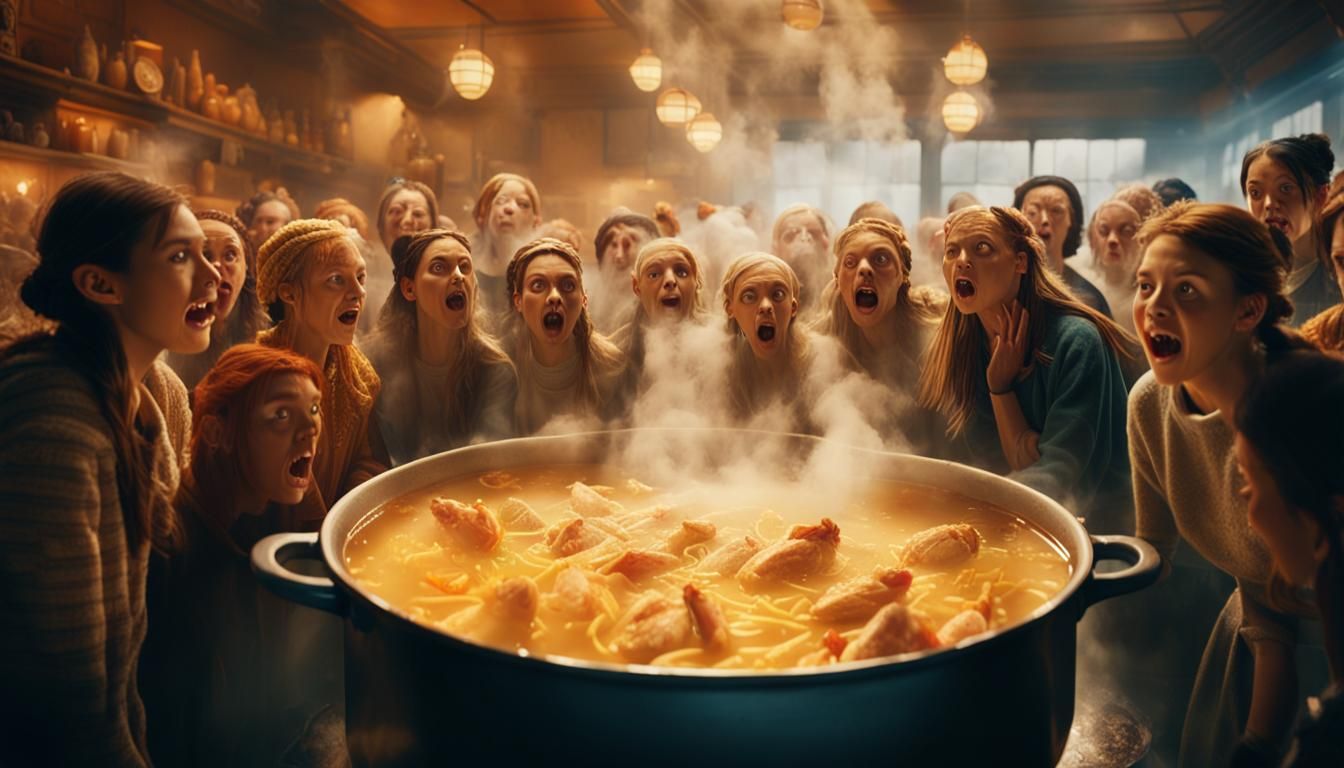 Women in Chicken Soup: Photorealistic Cinematic Scene