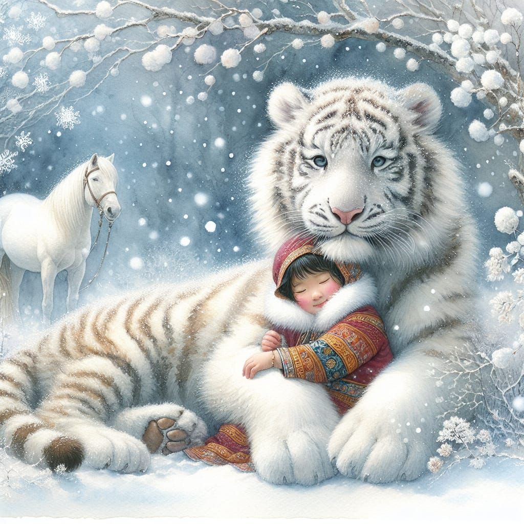 Heartwarming Winter Scene: Girl and Snow Tiger Watercolor