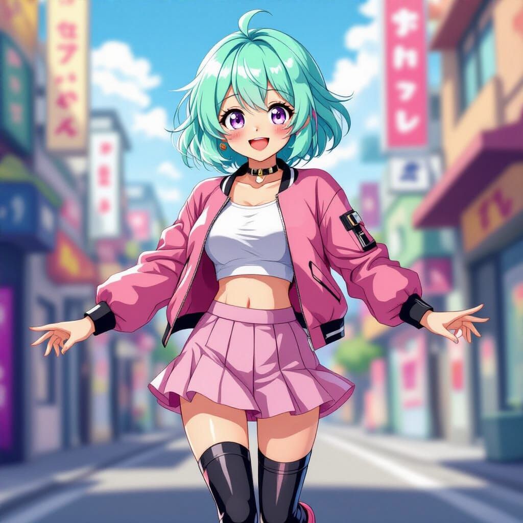 Cute Anime Girl in Pink Bomber Jacket and Skirt