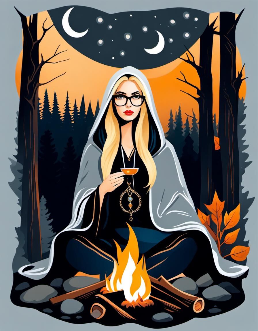 Watercolor Portrait: Woman in Forest Campfire