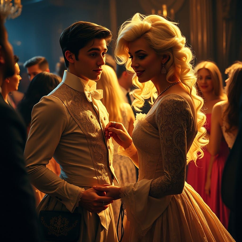 Chiseled Gentleman in 19th-Century Belle Dress, Softly Kisse...