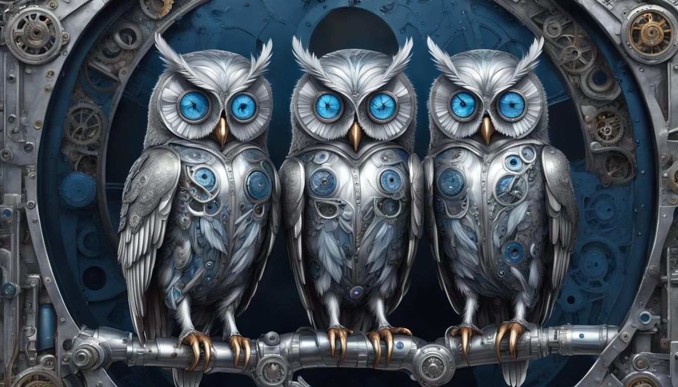 Surreal Clockpunk Owls in a Steampunk Garden