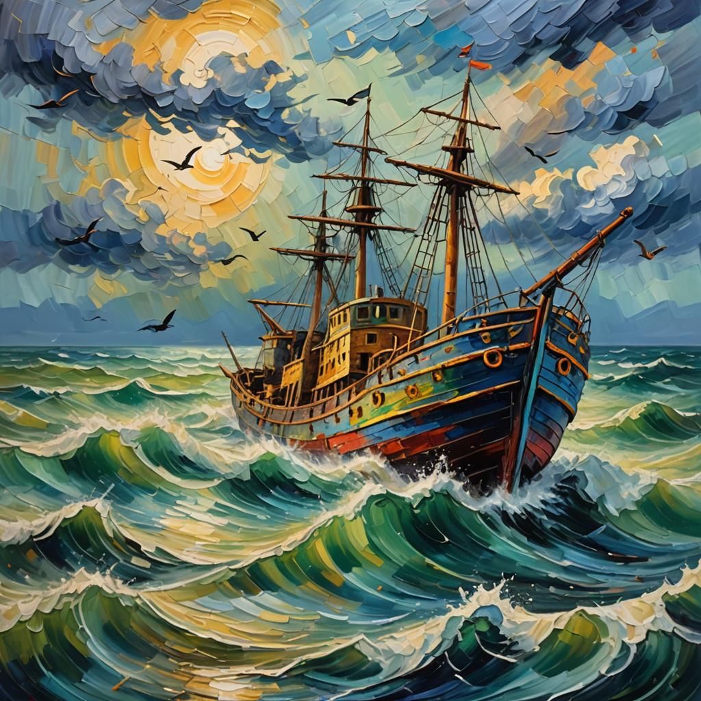 Stormy Seas: Abandoned Ship in Neo-Impressionist Style