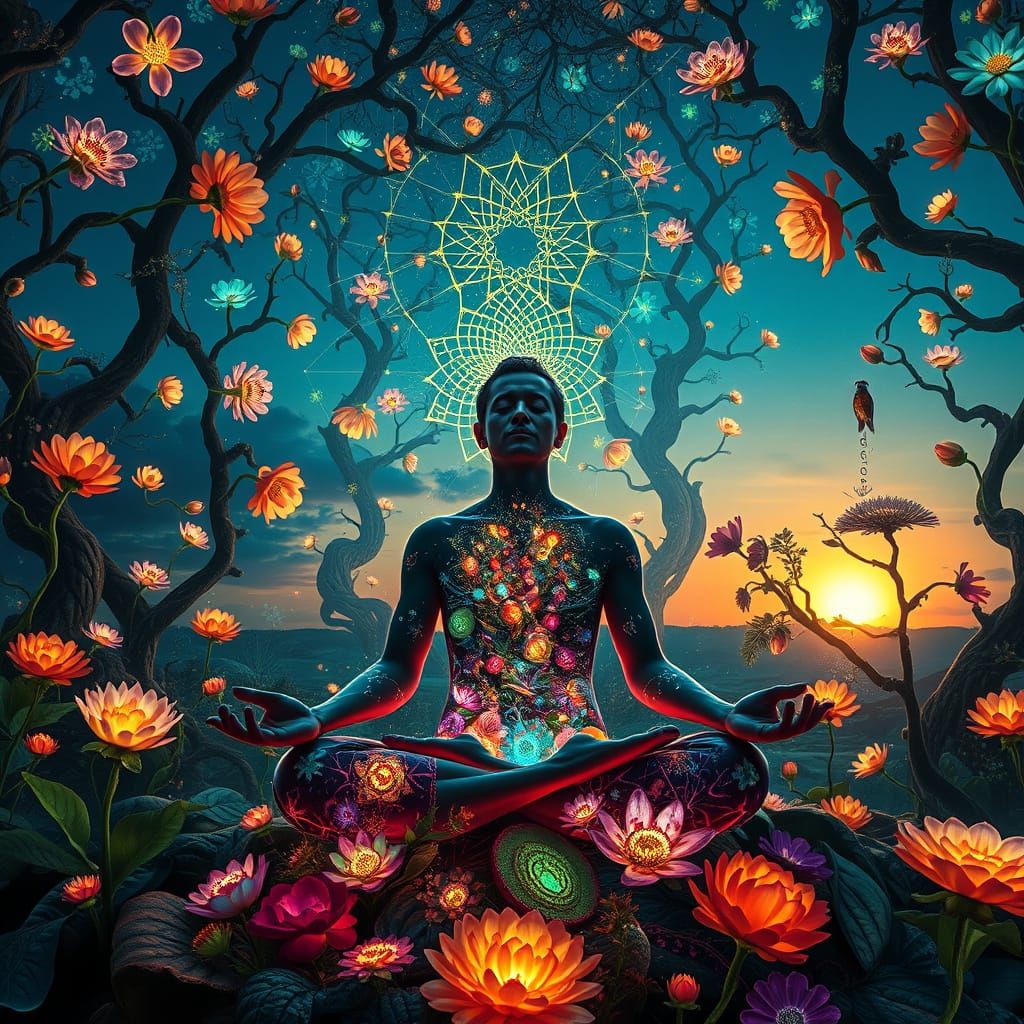 Surrealist Dreamscape with Mystic Meditating in Labyrinth of...