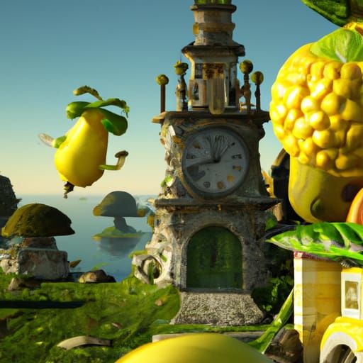 Lemon Castle with Fairy in Clockpunk Retro Style