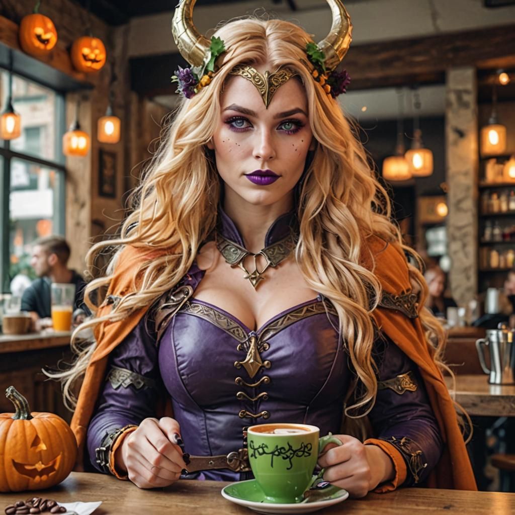 Valkyrie Pumpkin Witch Enjoying Coffee