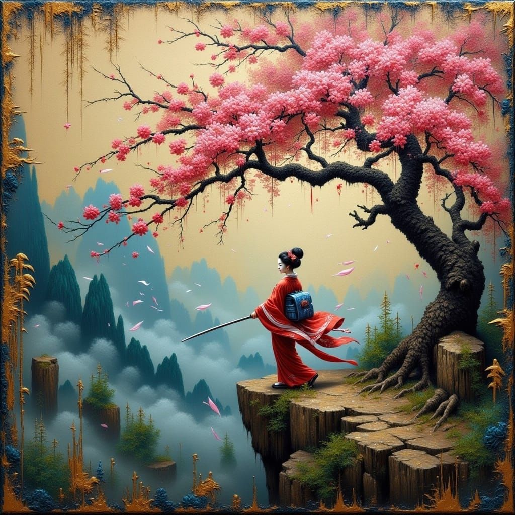 Geisha Martial Arts: Oil Painting with Gold Accents