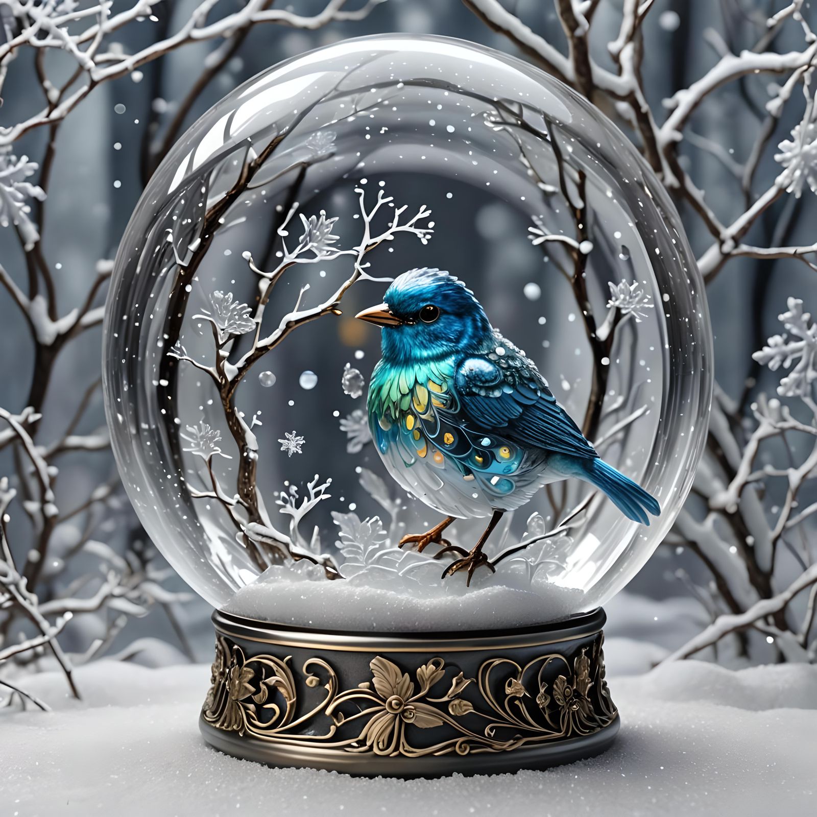 Glass Bird in Snow Globe: Hyperrealistic Fantasy Art