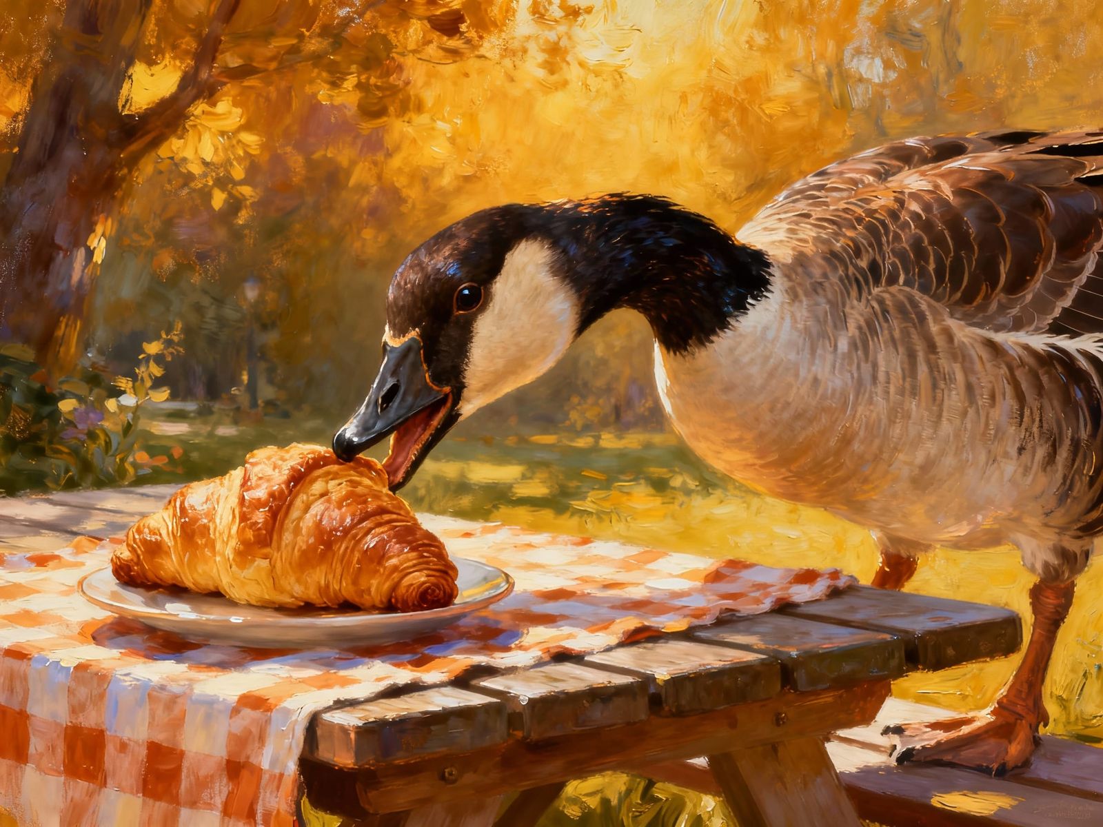 Goose Steals Croissant in Vibrant Oil Painting