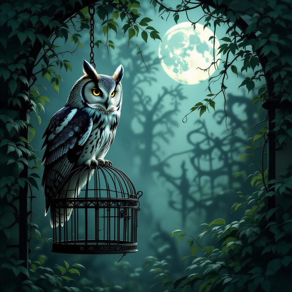 Ancient Owl in Moonlit Garden Gothic Fantasy Art