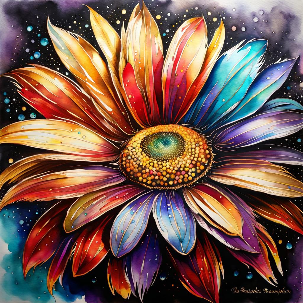 Feather Daisy in Watercolor with Glitter