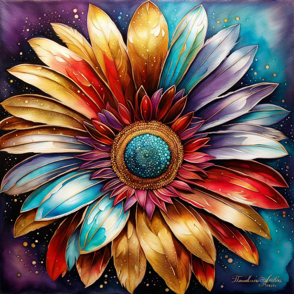 Feather Daisy in Watercolor and Ink