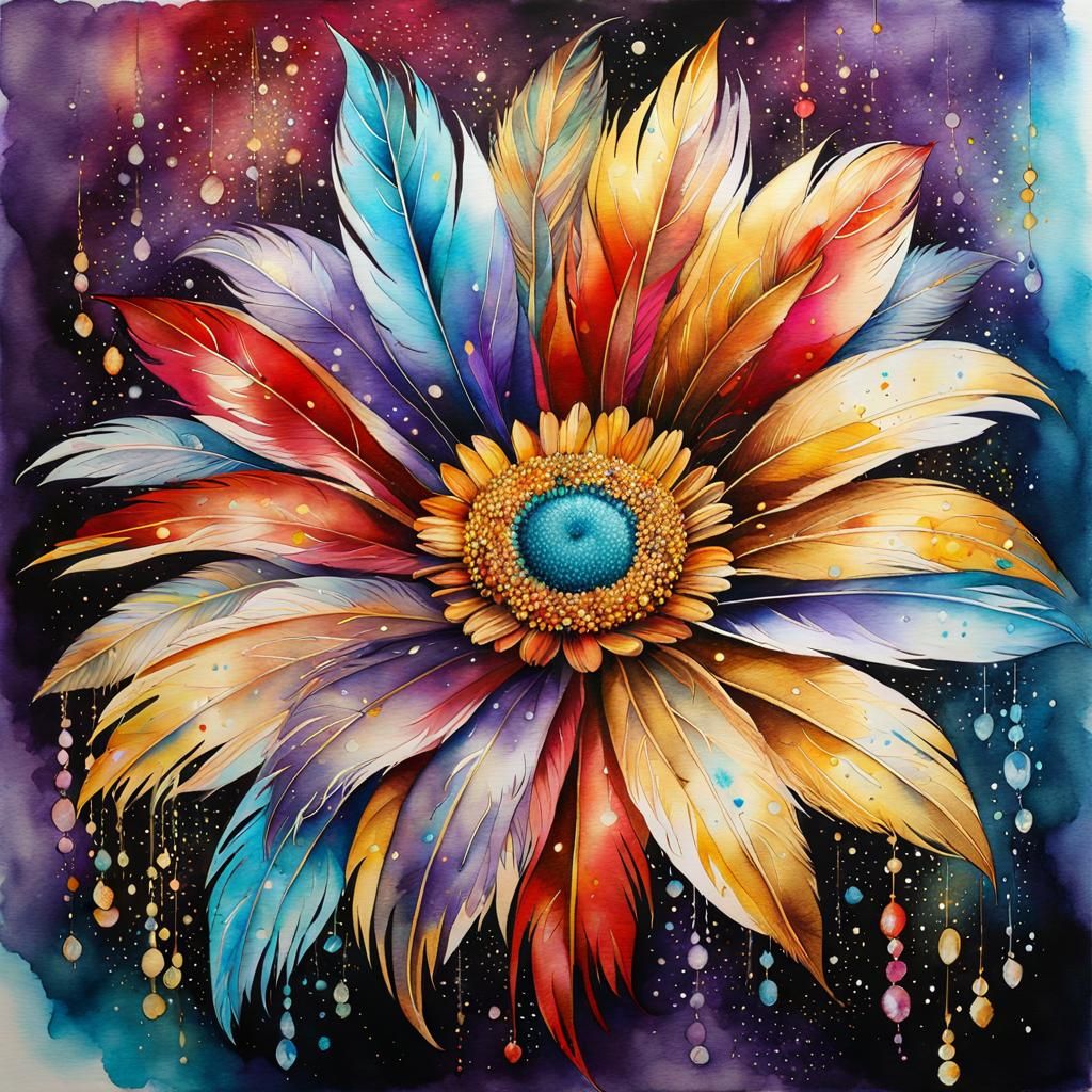 Feathered Daisy Watercolor Ink Painting