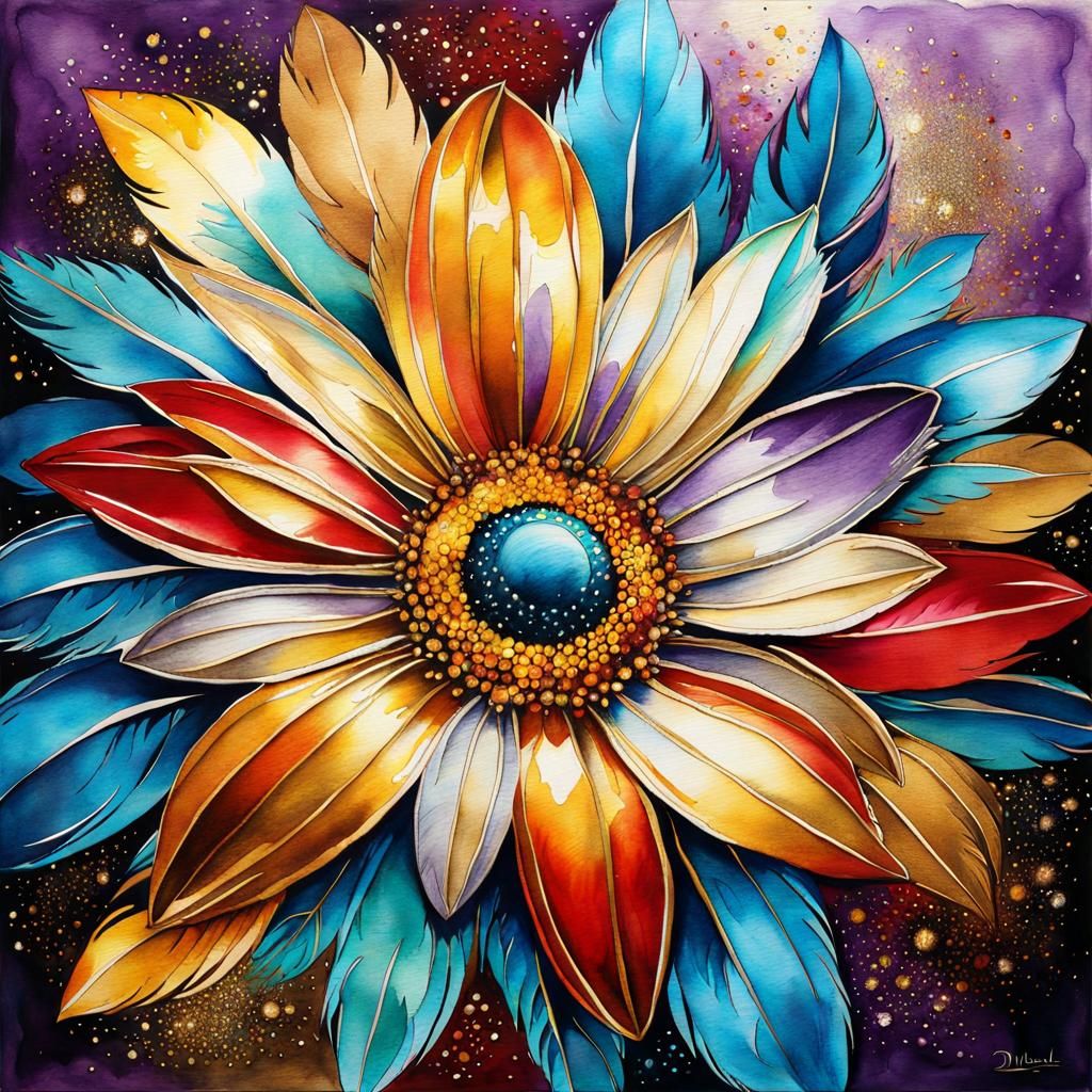 Feathered Daisy in Watercolor Ink Painting