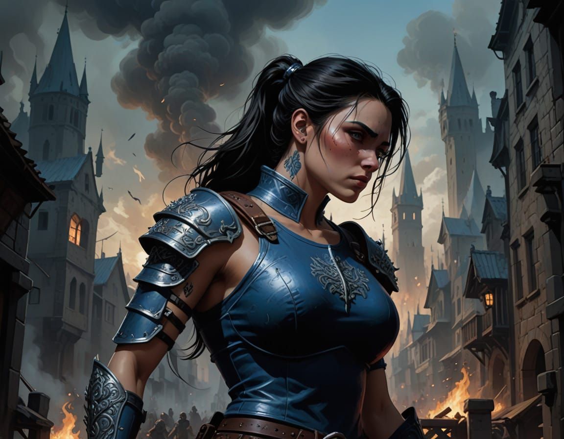 Grim Dark Fantasy Warrior Amidst Burning City