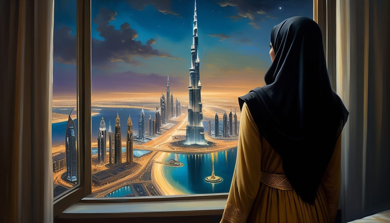 Surreal Oil Painting of a Hijabi Girl Gazing at Dubai's Burj...