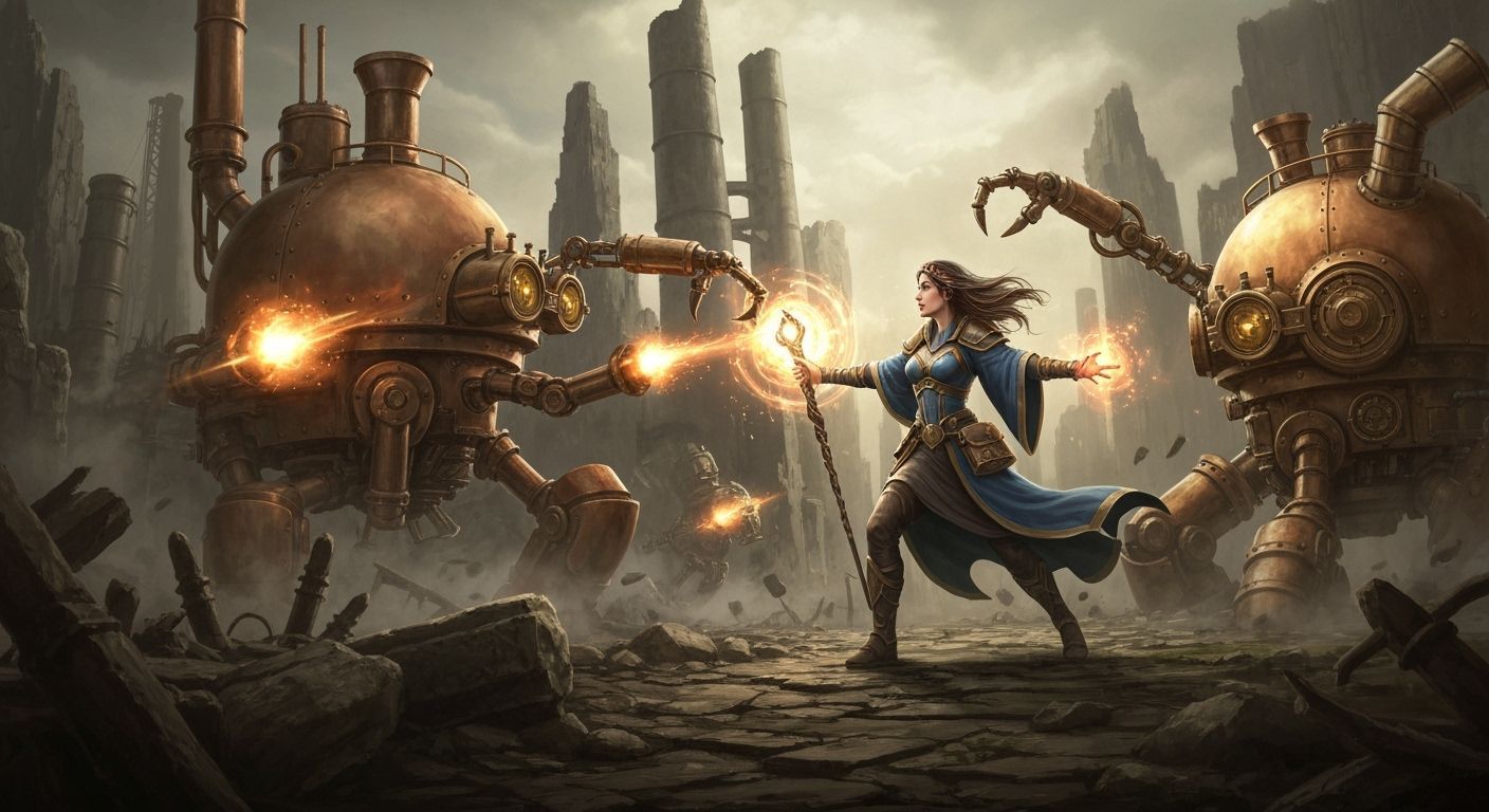 Enchantress Wizard Battles Steampunk Machines Amidst Ruins