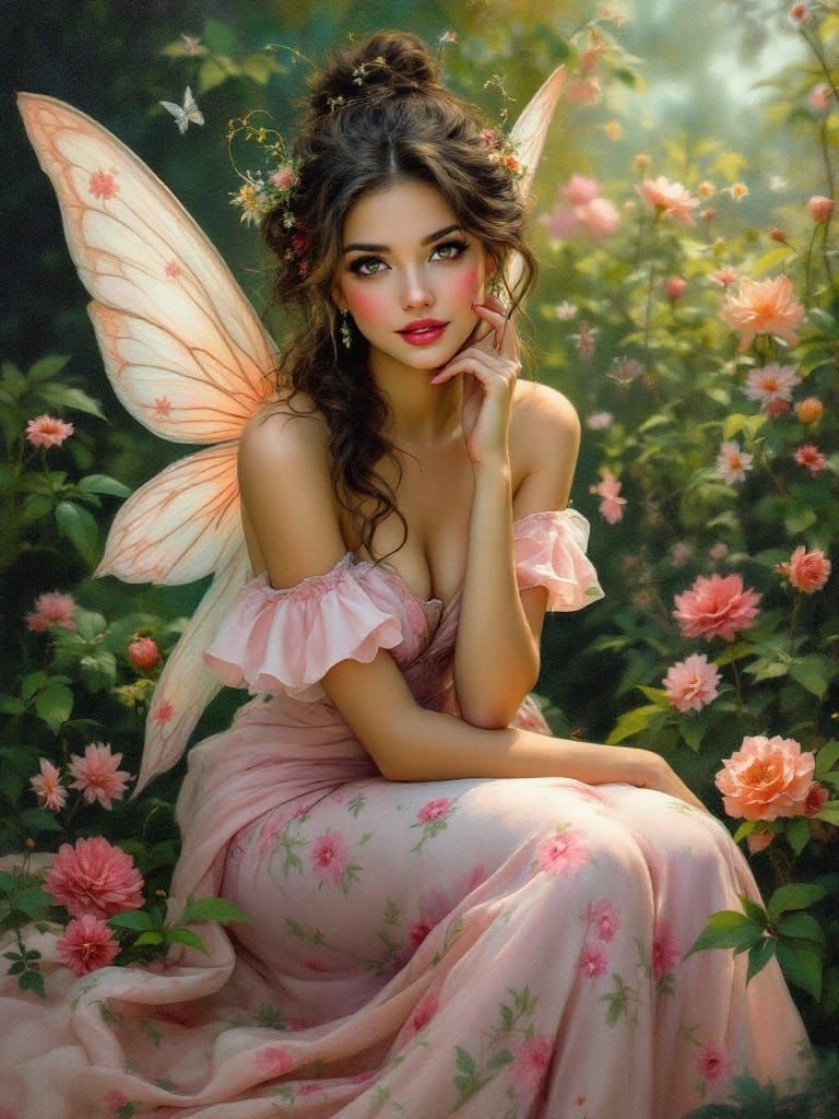 Ethereal Fairy in Lush Garden Oil Painting