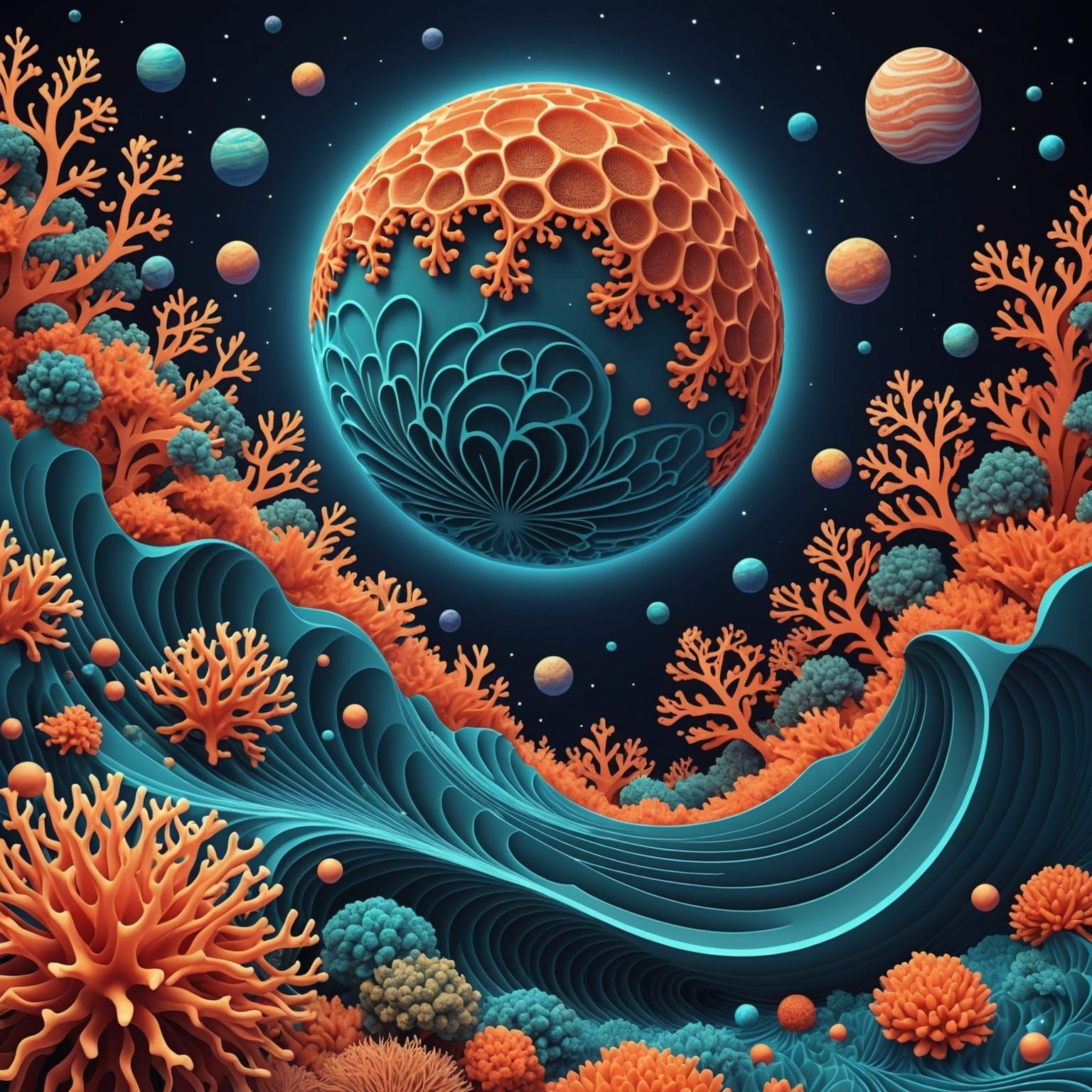 Coral Reef Planet in Starry Expanse with Fractal Design
