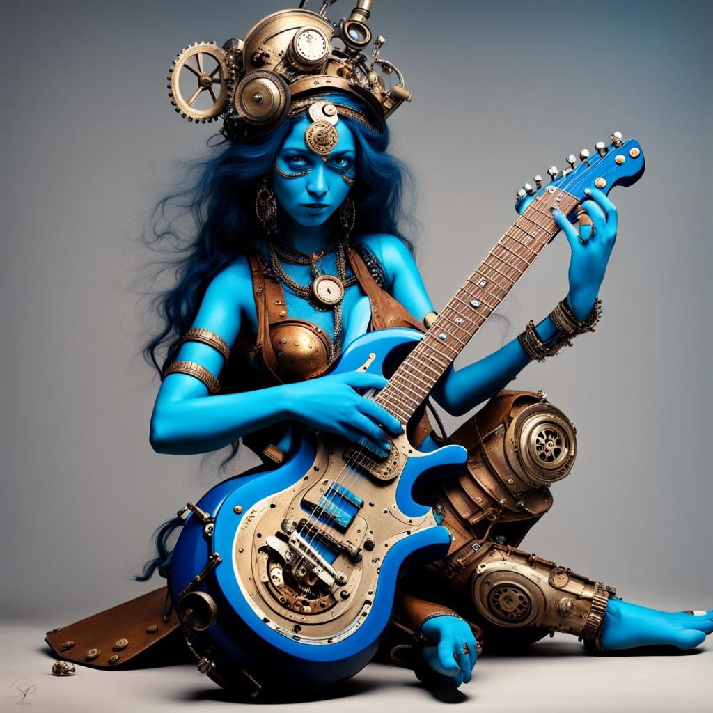 Blue Hindu Goddess Plays Guitar in Steampunk Style