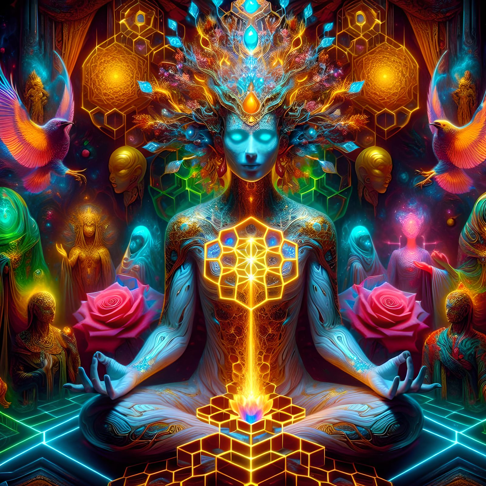 Goddess Meditating at Music Festival in Kintsugi Style