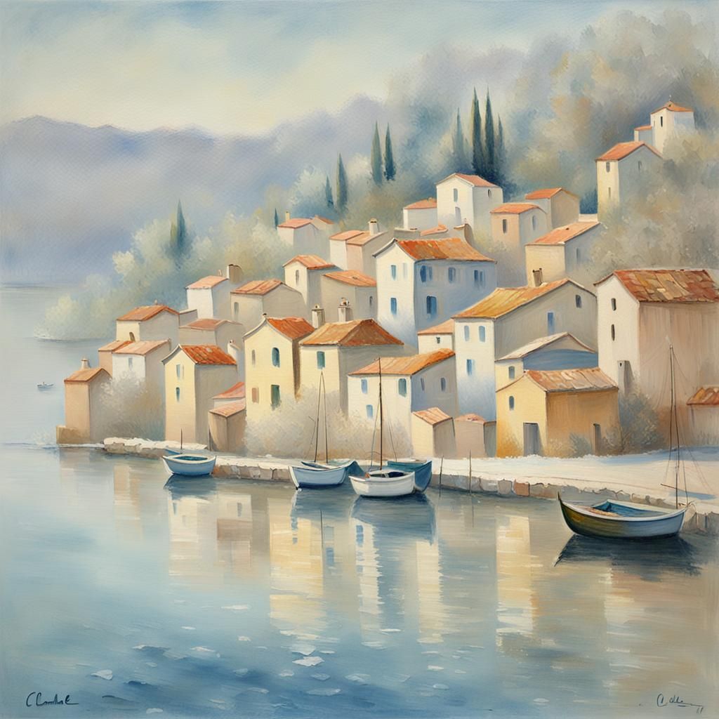 Winter Fishing Village in Impressionist Style