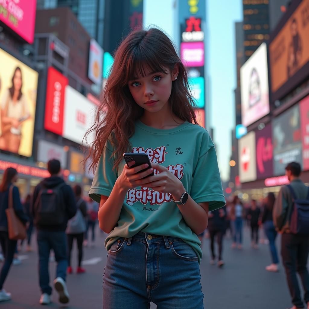 Teen in Times Square: A Hyperrealistic Portrait