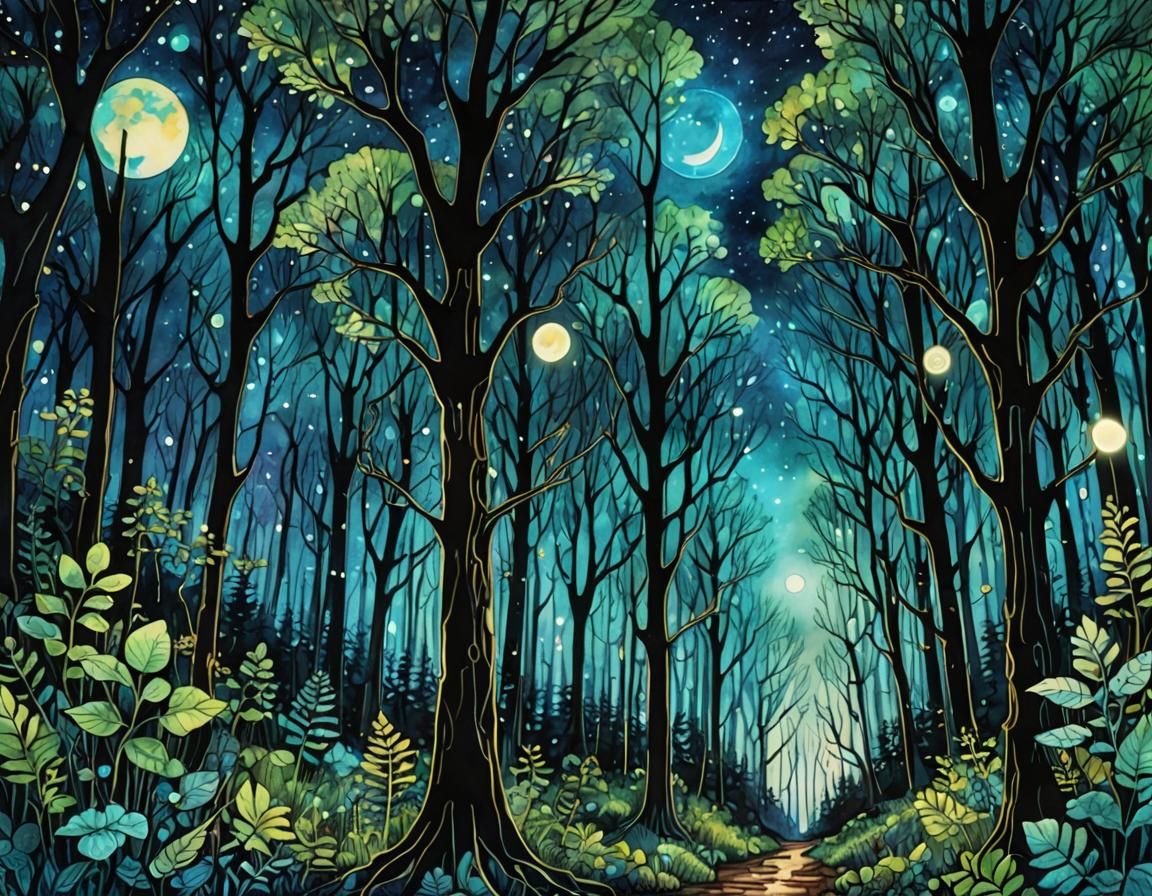Bioluminescent forest watercolor zentangles sky