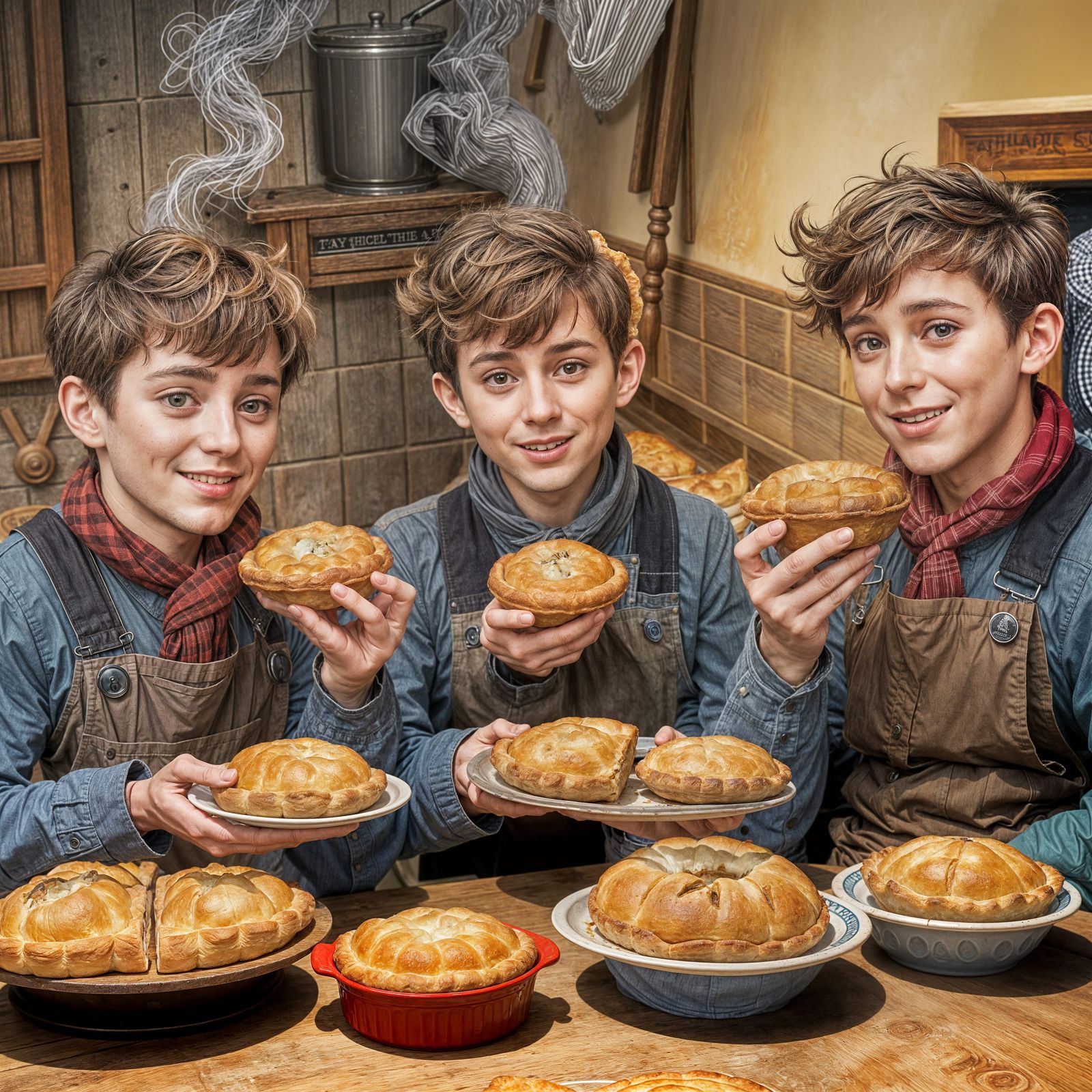 Three Handsome Young Chaps Savor Freshly Baked Pork Pies